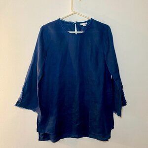 J. JILL Love Linen Navy Linen Fringe Tunic Top Fringe Medium NWOT